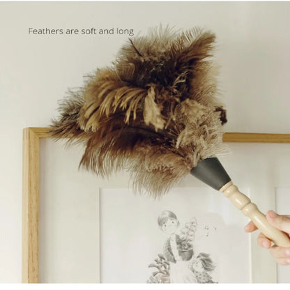 Ostrich Feather Dusting Brush – Wooden Handle Anti-Static Household & Car Cleaning Duster Tool