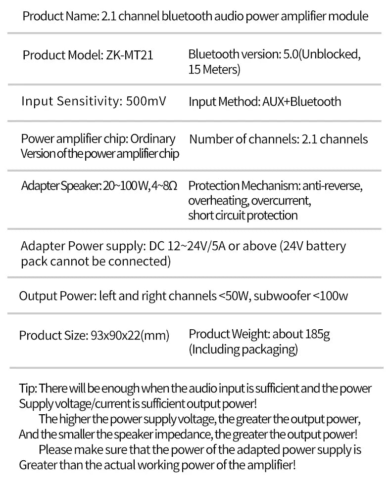 ZK-MT21 Bluetooth 5.0 2.1 Subwoofer Amplifier Board – CS8673E 50W×2 + 100W Stereo Bass Audio AMP with AUX Input