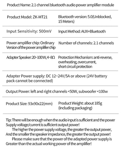 ZK-MT21 Bluetooth 5.0 2.1 Subwoofer Amplifier Board – CS8673E 50W×2 + 100W Stereo Bass Audio AMP with AUX Input