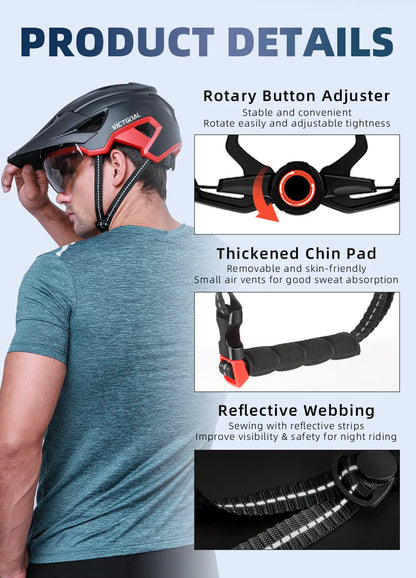 VICTGOAL LED Bike Helmet – Rechargeable Men’s Cycling Helmet with Sun Goggle Visor & Sunglasses Shield for Road & MTB Cycling