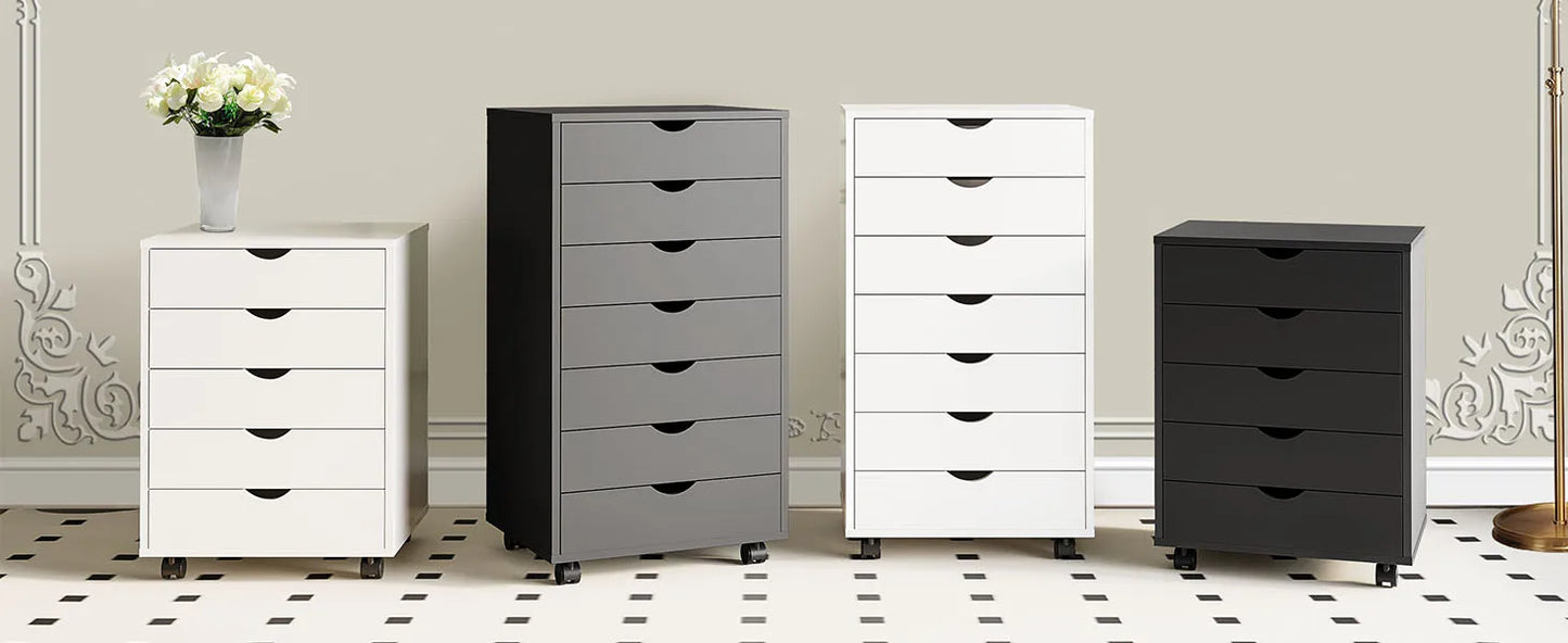 Wood Nightstand Cabinet with 5 Drawers – Waterproof Surface Storage Organizer with Rotating Wheels, Easy-Move Bedside Table for Office