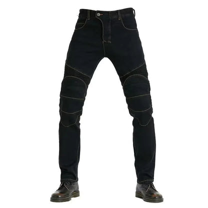 Men's Embroidery Motorcycle Jeans – Protective Gear with Belt, Motocross Pants for Driver License Test & Riding