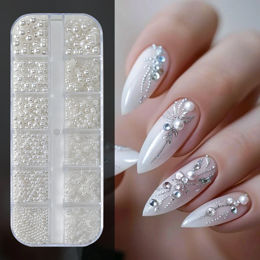 12-Grid 3D Glass AB Crystal Nail Art Rhinestones Kit – Flatback Round Beads with Tools for Nail Jewelry & Diamond Decoration