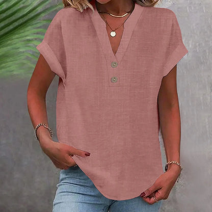 Women’s Summer Cotton Linen V-Neck Button Down Shirt – Breathable Casual Office Top in Solid Colors