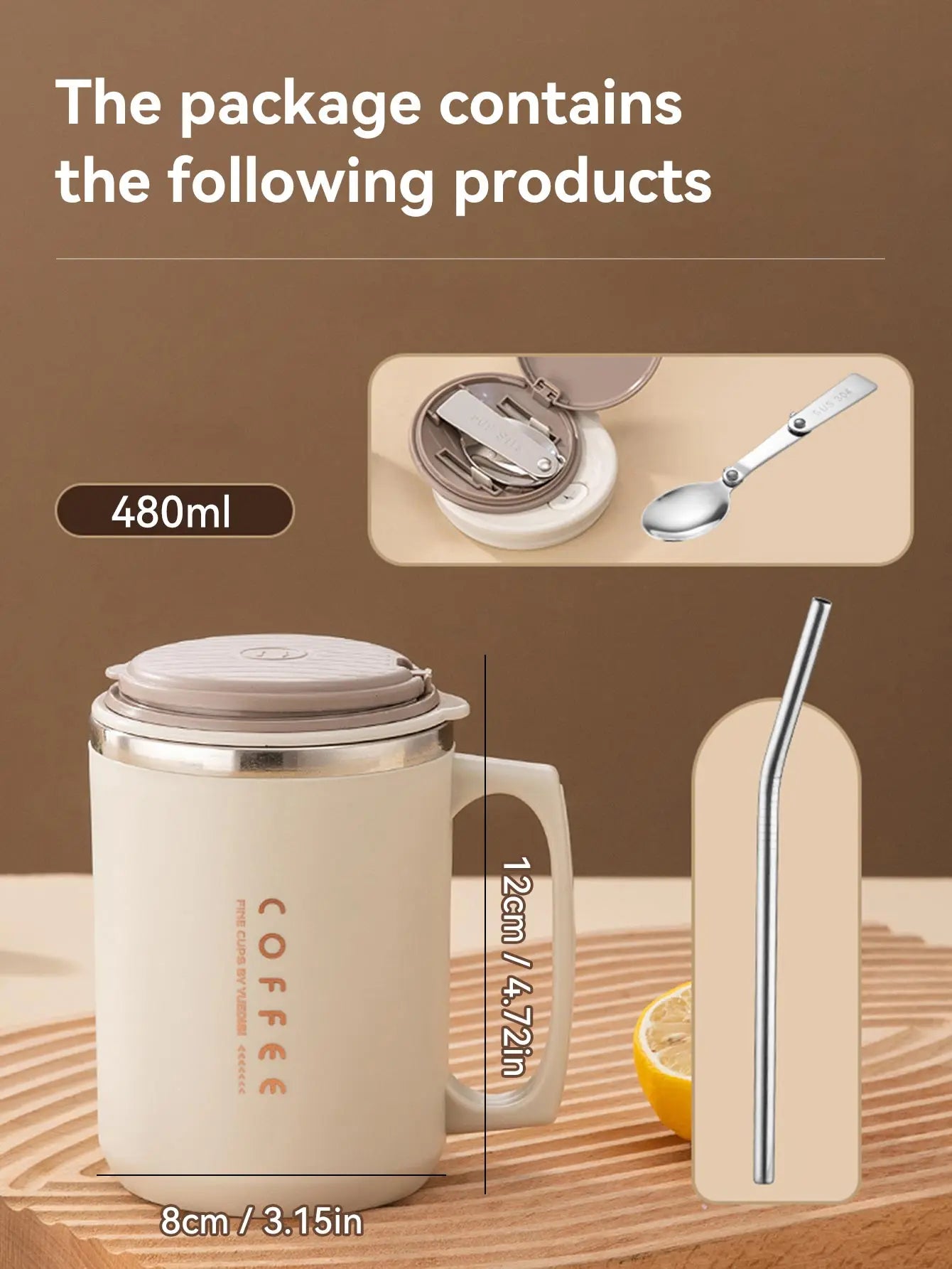 WORTHBUY Double-Layer Stainless Steel Coffee Cup – Insulated 304 Travel Mug with Spoon & Straw, Anti-Scald Milk & Water Cup