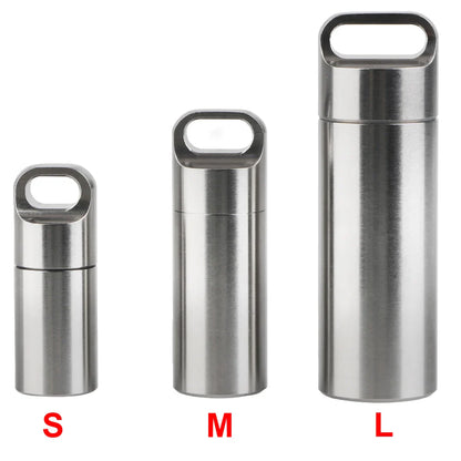 Stainless Steel Mini Pill Storage Box — S/M/L Waterproof Medicine Case with Keychain Seal Rings, Portable First Aid & Camping Pendant
