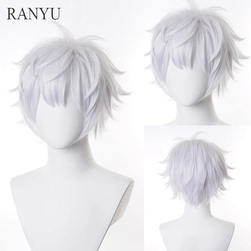 RANYU White Men’s Wig – Short Straight Synthetic Anime Hair, High-Temperature Fiber for Cosplay & Party