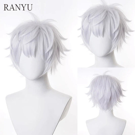 RANYU White Men’s Wig – Short Straight Synthetic Anime Hair, High-Temperature Fiber for Cosplay & Party