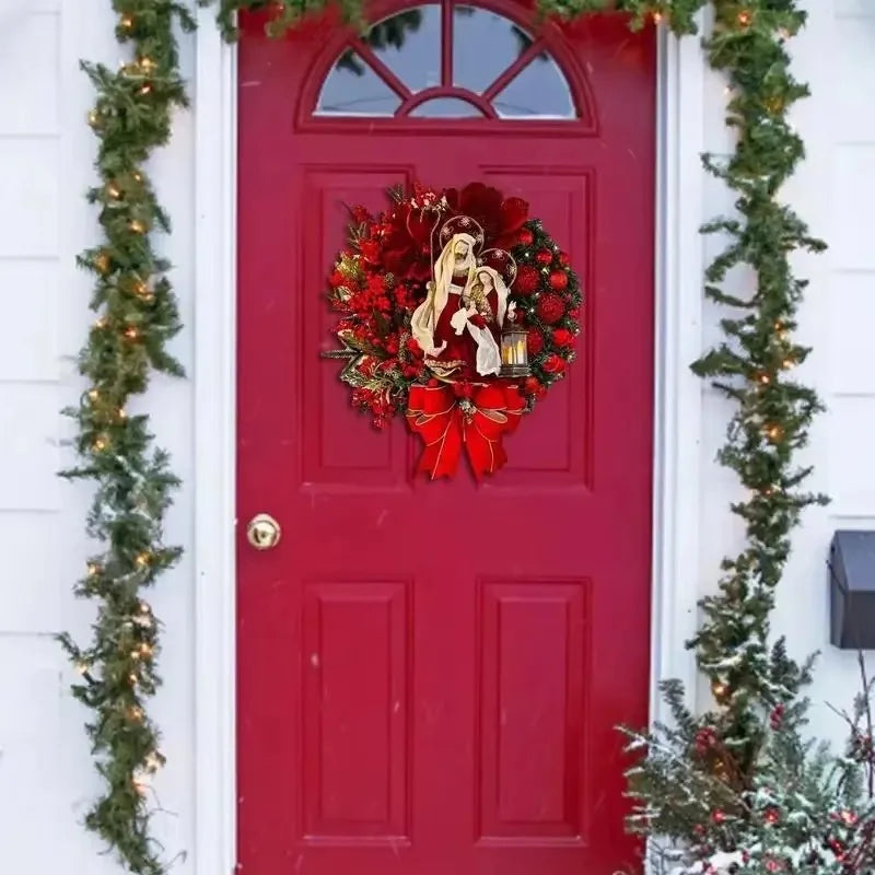 40cm Christmas Wreath with Lantern – Front Door Garland with Large Bow, Seasonal Holiday Ornament for Wall & Door Decor
