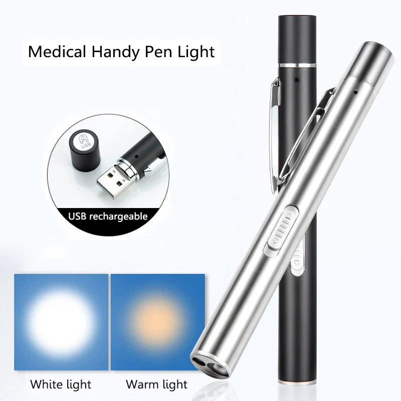 USB Rechargeable Medical Pen Light LED Flashlight – Stainless Steel Clip Mini Pocket Torch for Nursing, Dentist & Inspection Use