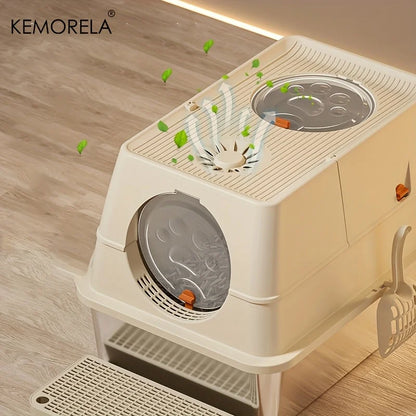 KEMORELA XL Stainless Steel Cat Litter Box – Extra Large Enclosed Litter Box with High Sides & Removable Scoop for Big Cats