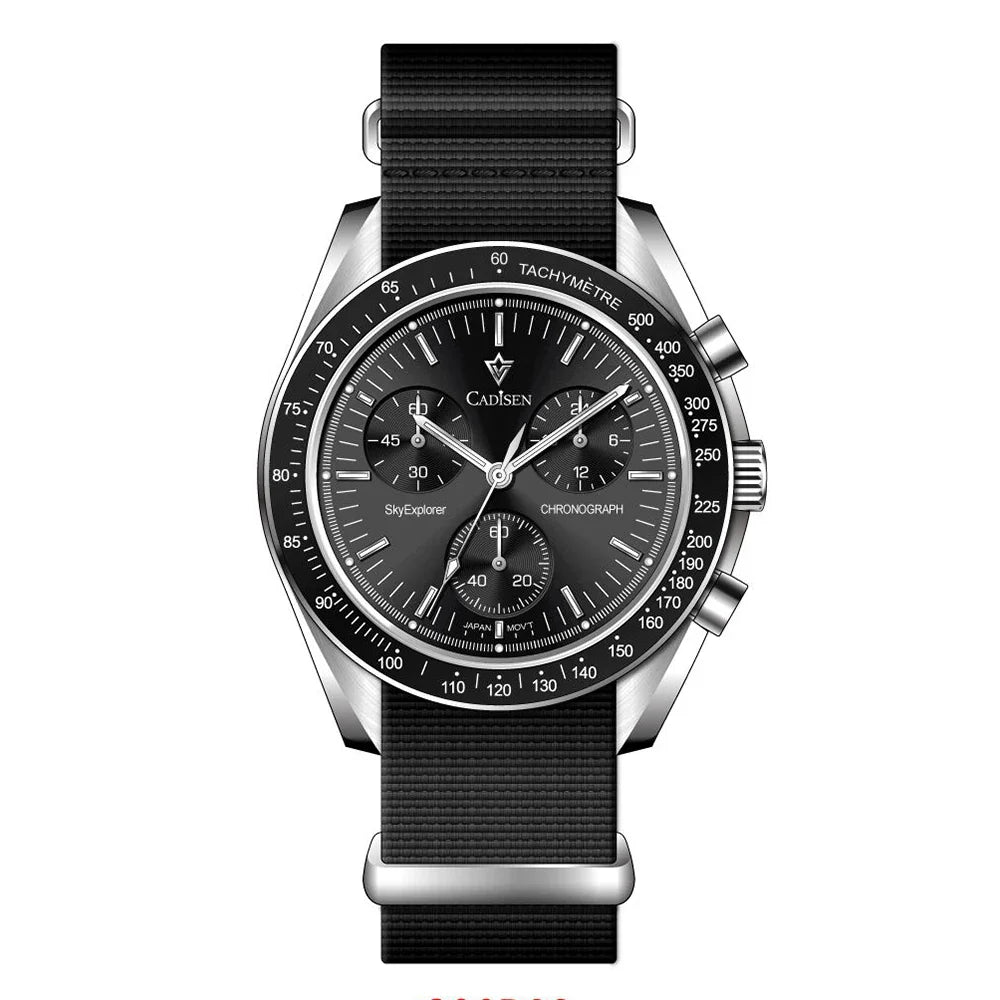 CADISEN Men's Luxury Watch – Quartz VK68 Chronograph, Sapphire AR Crystal, Canvas Strap Speed Style Wristwatch