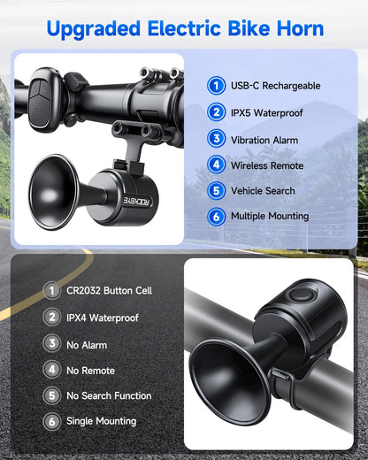 120dB Bicycle Anti-Theft Alarm Horn – Waterproof Rechargeable Bike Bell with Remote Control for E-Bike, Scooter, Adults & Kids Security Use