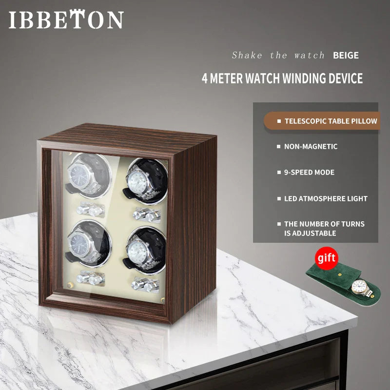 IBBETON Luxury Wood Watch Winder – High-End Automatic Watch Box (2/4/6 Slots) with Mabuchi Mute Motor & Storage Cabinet