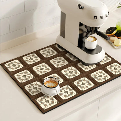 Retro Coffee Maker & Dish Drying Mat – Non-Slip, Quick-Dry Kitchen Placemat for Tableware, Washable