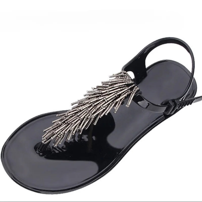 Women's Black Crystal PVC Flip-Flop Sandals – Low Heel Summer 2024 Luxury Footwear