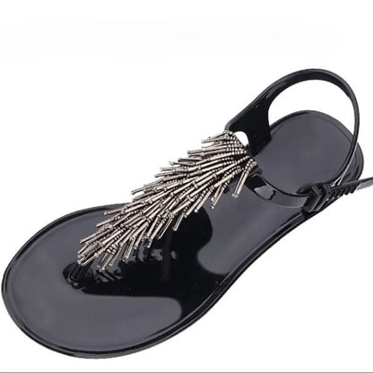 Women's Black Crystal PVC Flip-Flop Sandals – Low Heel Summer 2024 Luxury Footwear
