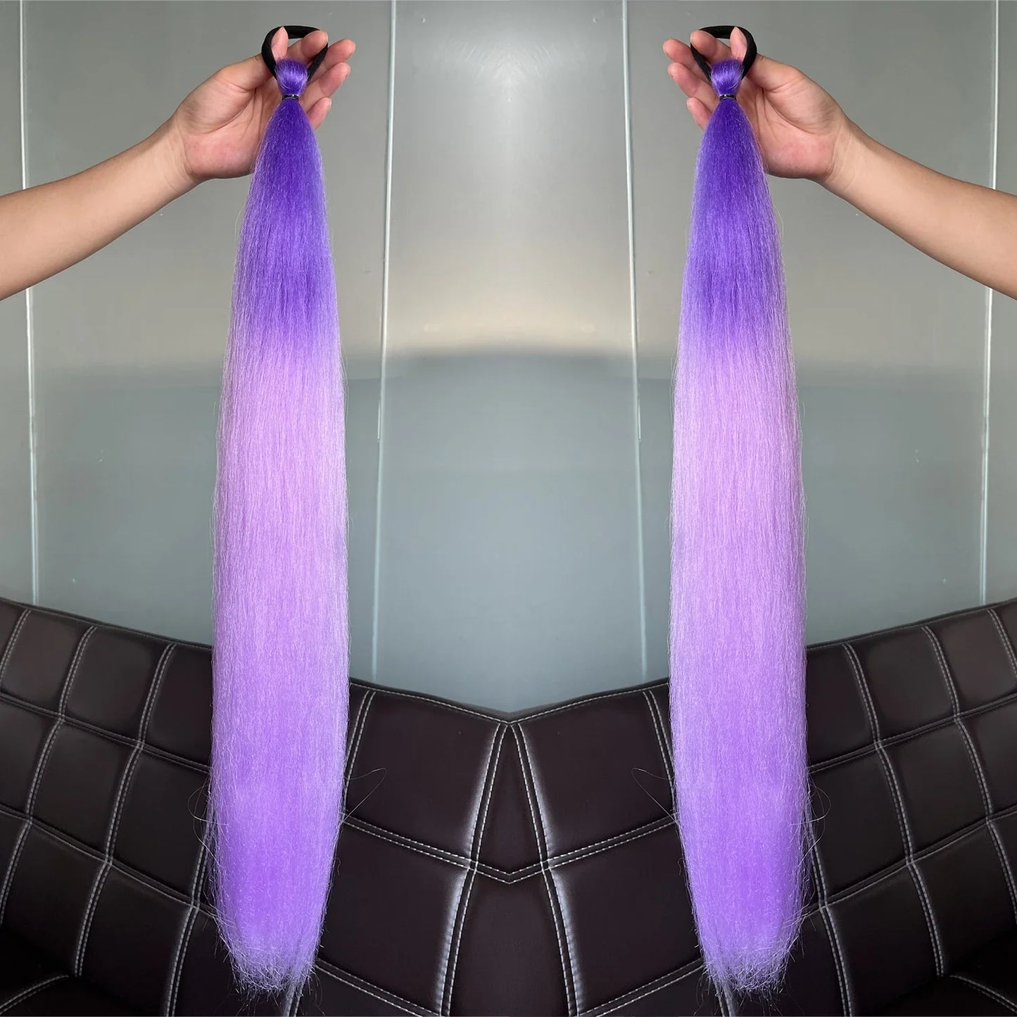 2Pcs Purple Synthetic Ponytail Extensions – Long Straight Hair Accessories with Rubber Bands for Women & Halloween