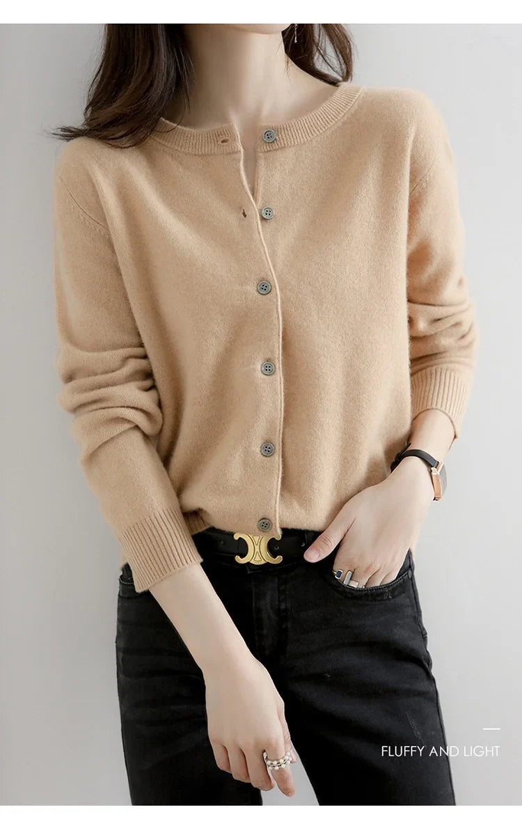 Women’s Solid Color Knit Cardigan - Spring Autumn Round Neck Worsted Sweater ZD-021