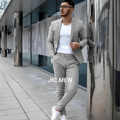 Gray Men’s 2 Piece Suit - Summer Casual Blazer & Pants Set for Wedding, Formal Events and Groom Style XS-5XL