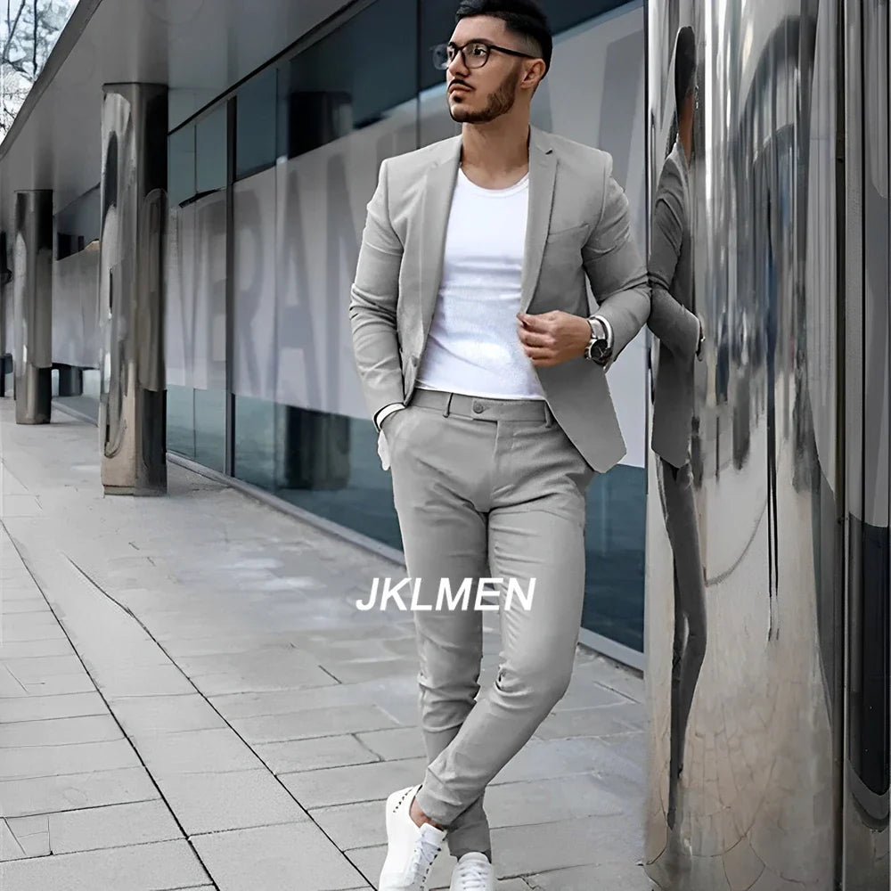 Gray Men’s 2 Piece Suit - Summer Casual Blazer & Pants Set for Wedding, Formal Events and Groom Style XS-5XL