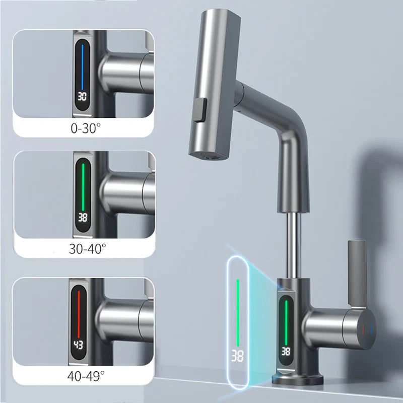 Waterfall Temperature Digital Display Basin Faucet | Lift Up Down Stream Sprayer | Hot Cold Water Sink Mixer Wash Tap | Bathroom Fixture