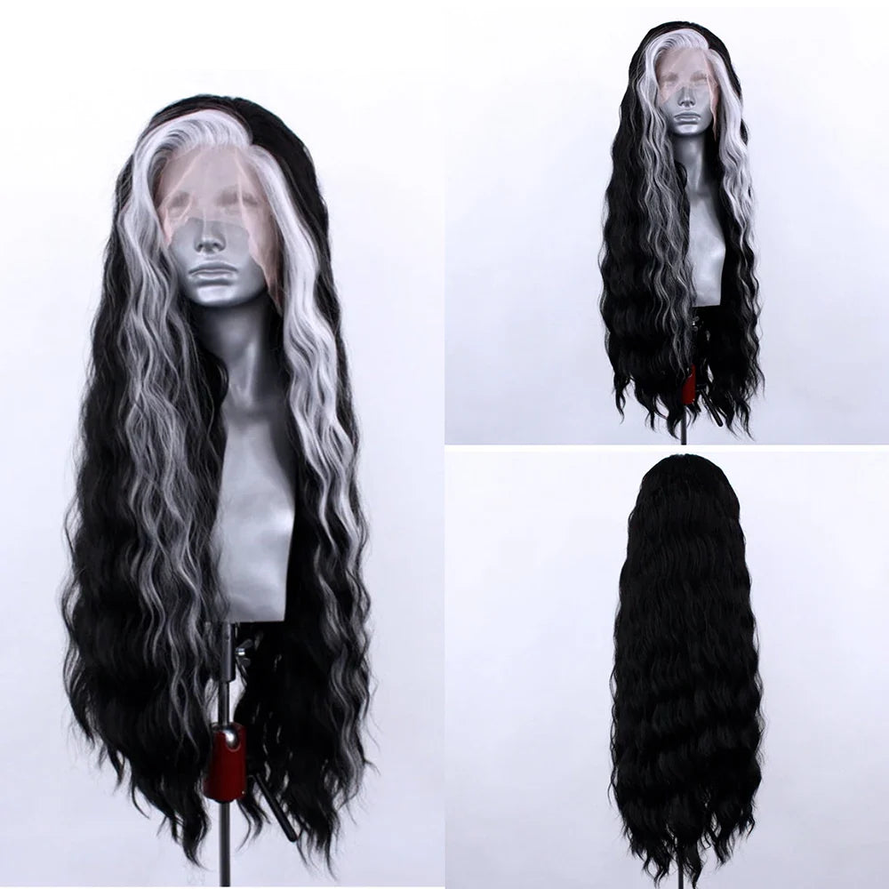 Platinum Blonde Wave Lace Front Wig – Long Synthetic Wigs for Women, Natural Loose Curl Cosplay in White, Black & Pink