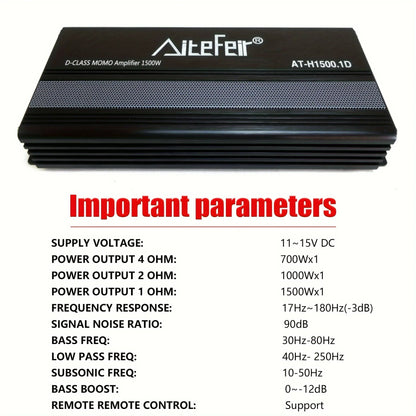 1500W RMS Class D Mono Amplifier with Remote - 1-Channel Stable Power Amp for Subwoofer Systems