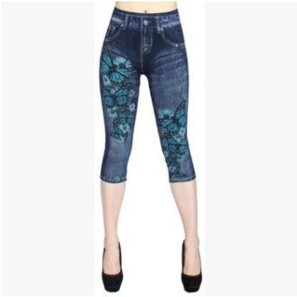 Women's Faux Denim Print Leggings - High-Waisted Stretch Cropped Pants for Casual & Outdoor Wear