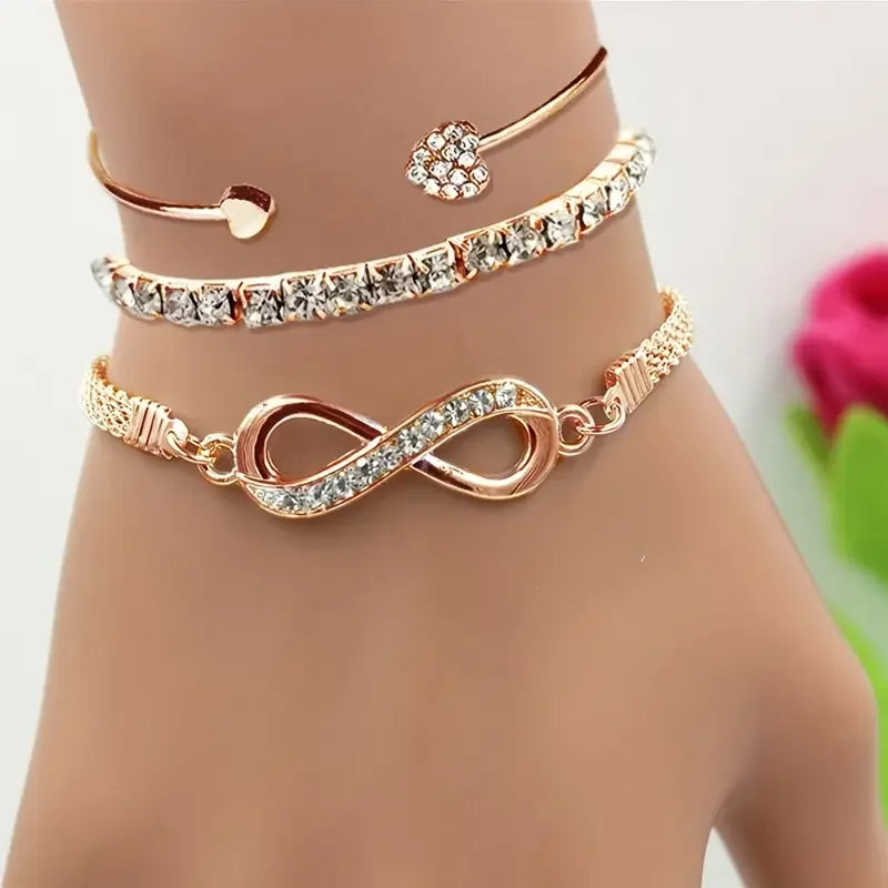 3PCS Vintage Crystal Rhinestone Heart Bracelet Set – Adjustable Infinity Cuff Bangles for Women Fashion Jewelry Gift