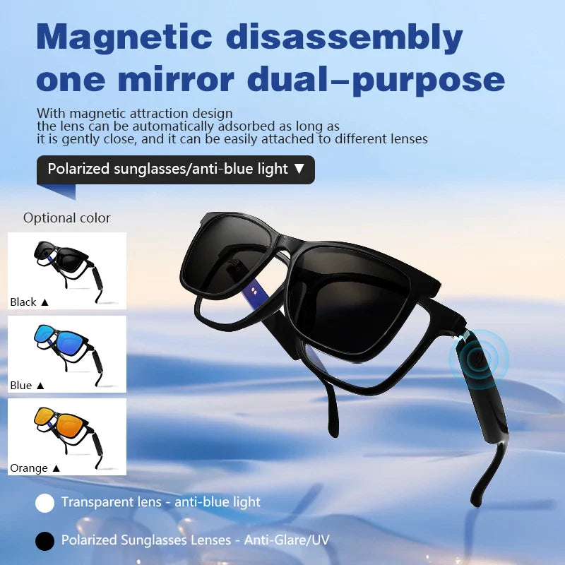 Hot GS05 2-in-1 Smart Glasses for Men – UV Protection, Polarized Anti-Blue Light Sunglasses with Music, Black Frame & White Lenses