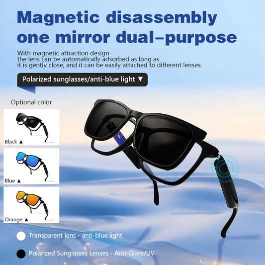 Hot GS05 2-in-1 Smart Glasses for Men – UV Protection, Polarized Anti-Blue Light Sunglasses with Music, Black Frame & White Lenses