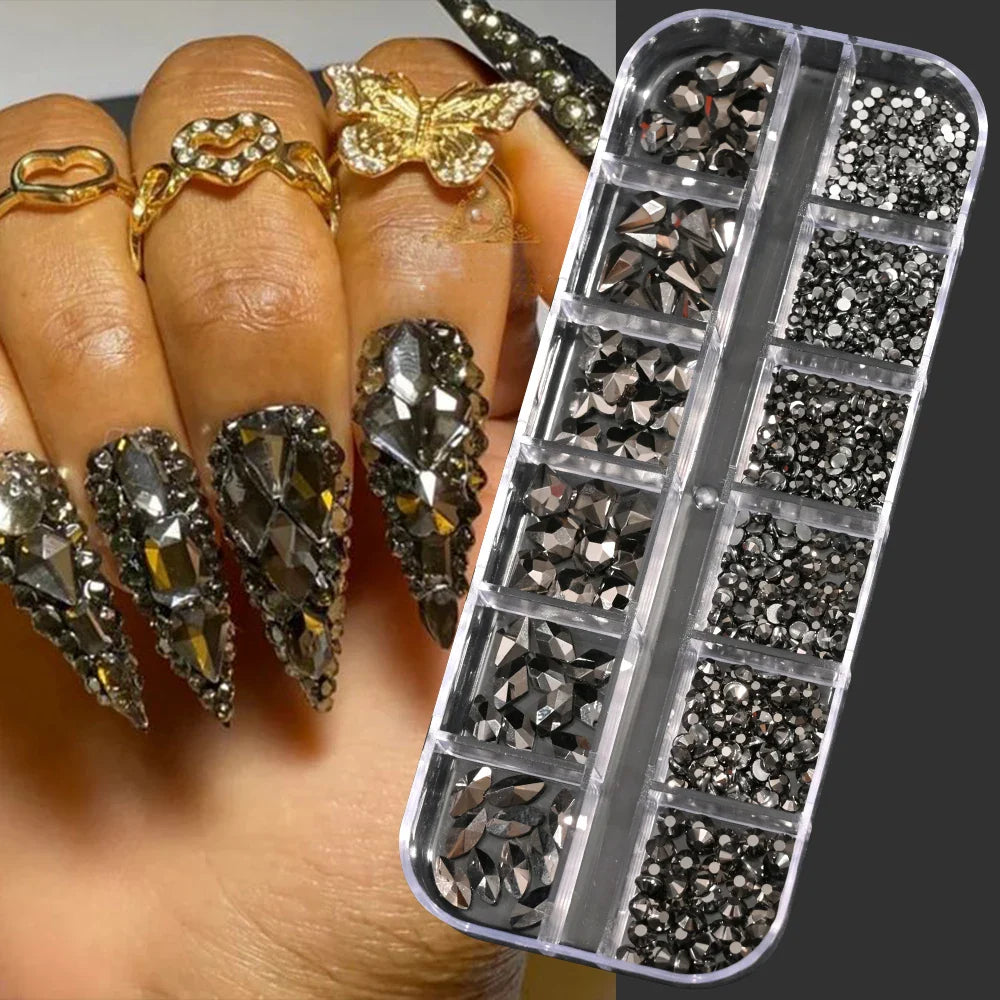 12-Grid 3D Glass AB Crystal Nail Art Rhinestones Kit – Flatback Round Beads with Tools for Nail Jewelry & Diamond Decoration