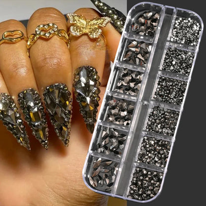 12-Grid 3D Glass AB Crystal Nail Art Rhinestones Kit – Flatback Round Beads with Tools for Nail Jewelry & Diamond Decoration