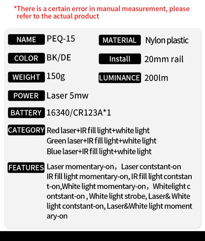 PEQ-15 Tactical SureFire M600C/M300A Flashlight — AR15 Airsoft Dual Control Switch with Red/Green/Blue Laser, Hunting Accessory