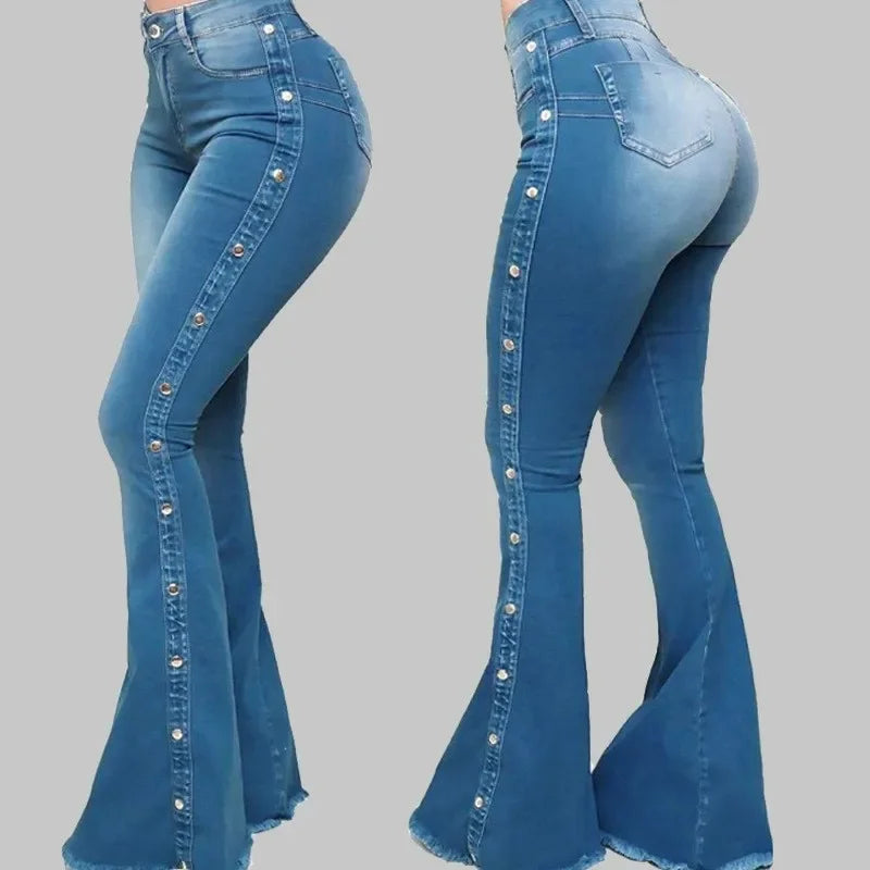 High Waist Stretch Flare Jeans - Vintage Button Front Floor Length Women's Denim Pants