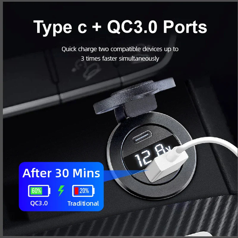 USB Car Charger PD 3.0 Quick Charge Power Socket with LED Voltmeter 12V/24V Waterproof Dual Port for Car Boat Universal Power Outlet