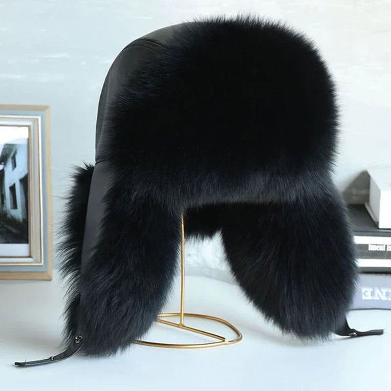 Natural Raccoon & Fox Fur Russian Ushanka Hat – Women’s Black Winter Bomber Cap with Ear Flaps