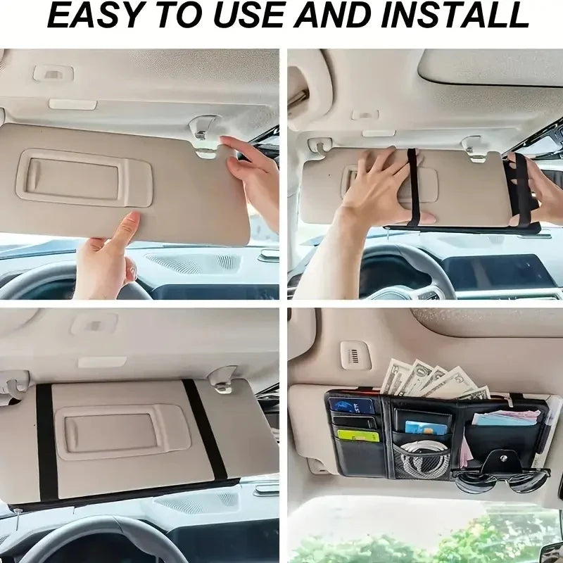 Car Sun Visor Organizer – Sunglass & Mobile Holder, Multi-Pocket Card Storage Pouch for Auto Interior
