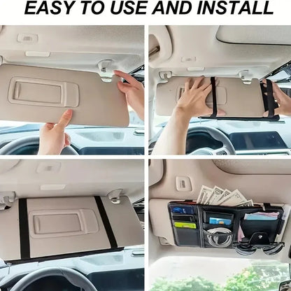 Car Sun Visor Organizer – Sunglass & Mobile Holder, Multi-Pocket Card Storage Pouch for Auto Interior