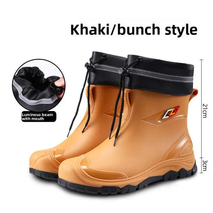 Men’s Ankle-High Fleece-Lined Rain Boots – Waterproof, Anti-Slip, Wear-Resistant Work & Fishing Shoes