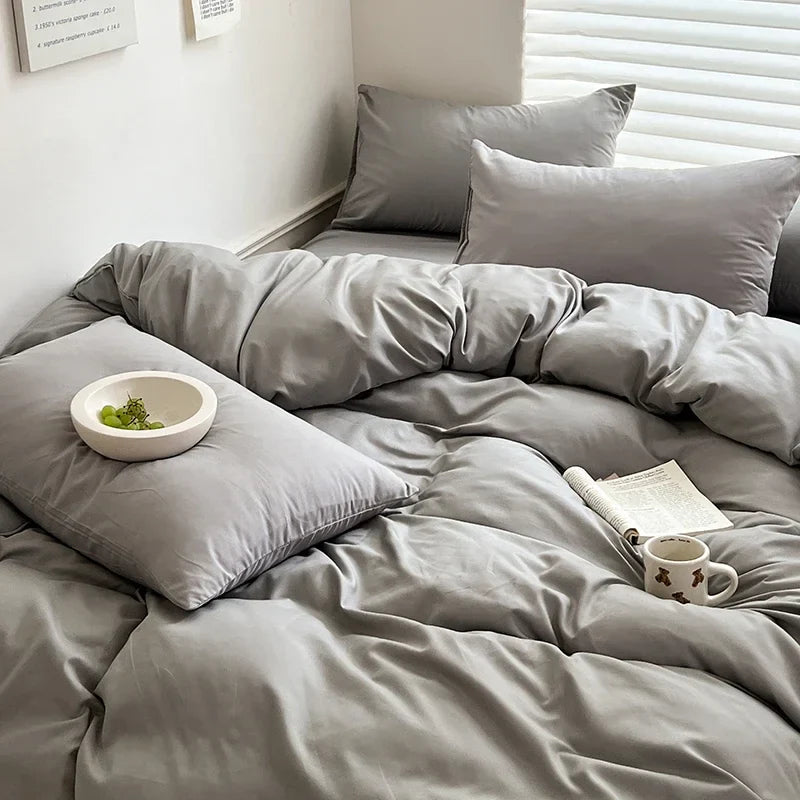 Solid Cotton Bedding Set - Sheet, Duvet Cover & Pillowcase, Single/Double/Twin/King/Queen Size