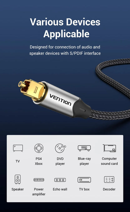 Vention Digital Optical Audio Cable – Toslink SPDIF Coaxial, 1m/2m for Amplifiers, Blu-ray, Xbox 360, PS4, Soundbar, Fiber Cable
