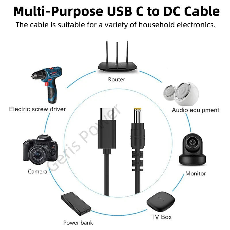 USB Type-C PD to DC 5.5x2.1mm Power Cable – 9V/12V/15V 65W Adapter for LED Strip, TV Box, Camera, Router
