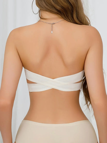 Strapless Bra with Side Clasps – Nylon Knit Fabric, Removable Padding & Crisscross Strap Details