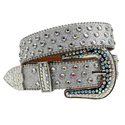 Women’s Rhinestone Skull Leather Belt – Luxury Designer Studded Strap for Jeans, White & Black