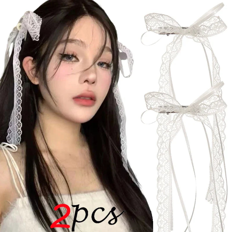 Korean Lace Cream White Bow Ribbon Hair Clip – Bullet Style Side Shredded Hairpin, Headpiece for Women, New Headwear