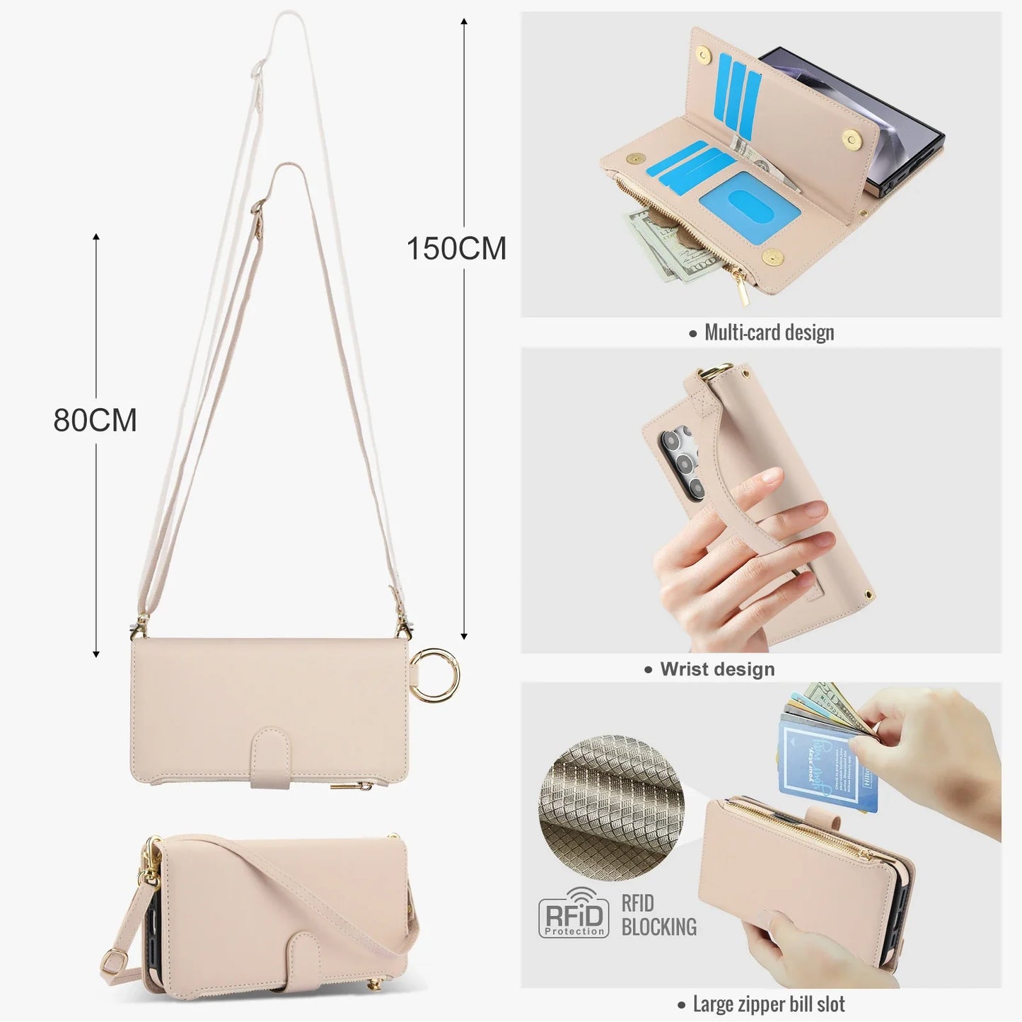 Crossbody Leather Wallet Case with Card Slots, Zipper & Kickstand for Samsung Galaxy Z Fold 3/4/5/6 – Wristband & Ring Holder