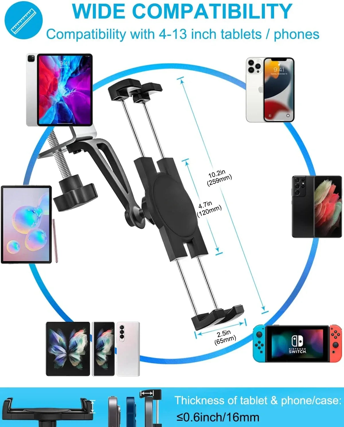 Universal Under Cabinet Phone & Tablet Holder – Metal Clamp Stand for 4.7–13” iPad & iPhone