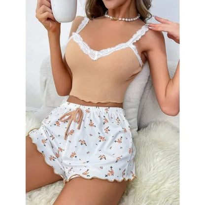 Women's 2-Piece Pajama Set – Pink Lace V-Neck Cami Top & Printed Shorts Sleepwear Loungewear